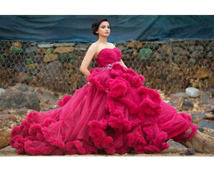 G148, Wine Off-Shoulder Cloud Trail Ball Gown, Size (XS-30 toL-38)
