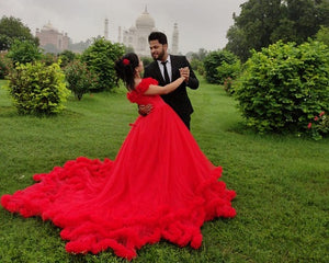 G137 (9), Luxury Red Puffy Cloud Trail Ball Gown,  Size - (XS-30 to XXL-44)