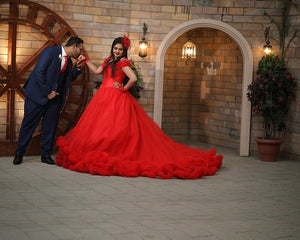 G137 (9), Luxury Red Puffy Cloud Trail Ball Gown, Size (XS-30 to xl 42)