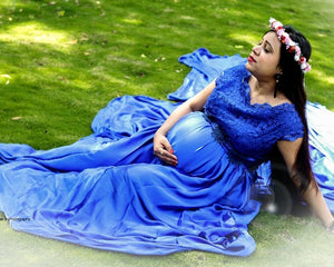 G400, Royal Blue Satin Long Trail Maternity Shoot Gown, Size(All)pp