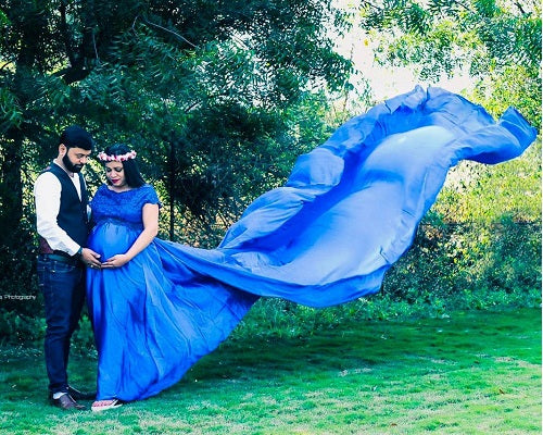 G400, Royal Blue Satin Long Trail Maternity Shoot Gown, Size(All)pp
