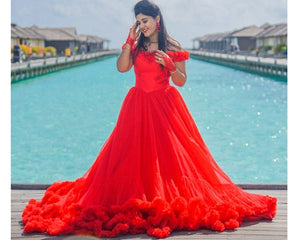 G137 (9), Luxury Red Puffy Cloud Trail Ball Gown, Size (XS-30 to xl 42)