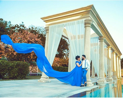 G300 (12), Royal Blue prewedding top lace work georgette long trail Gown, Size(All)