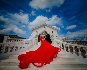 G137 (9), Luxury Red Puffy Cloud Trail Ball Gown, Size (XS-30 to xl 42)