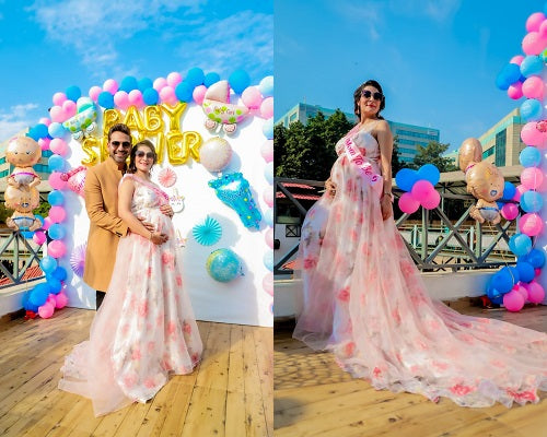 G210 (7), Light Pink Floral Maternity Shoot Baby Shower Trail Gown, Size (XS-30 to 4XL-48)