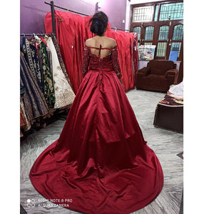 G133, Wine colour Satin Full Sleeves Trail Ball gown, Size (XS-30 to M-35)