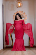 Load image into Gallery viewer, G223, Wine Red Floor Tuch Sleeves Maternity Shoot Trail Baby Shower  Lycra Fit Gown Size(All)pp)