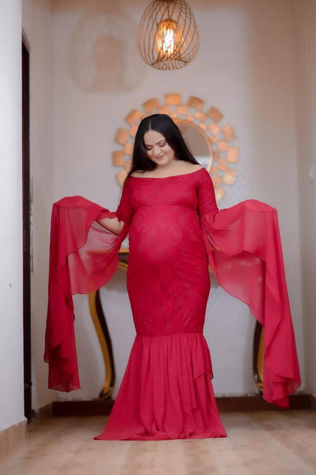 G223, Wine Red Floor Tuch Sleeves Maternity Shoot Trail Baby Shower  Lycra Fit Gown Size(All)pp)