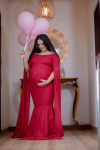G223, Wine Red Floor Tuch Sleeves Maternity Shoot Trail Baby Shower  Lycra Fit Gown Size(All)pp)