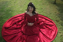 Load image into Gallery viewer, G429, Dark Wine Satin Semi Off Shoulder Full Sleeves Prewedding Shoot Trail Ball Gown, Size (XS-30 to XXL-44)