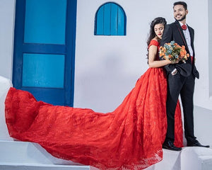 G226,(3) Red Luxury Feather Pattern Off-Shoulder Prewedding Extra Long Trail Gown, Size, (XS-30 to XL-40)