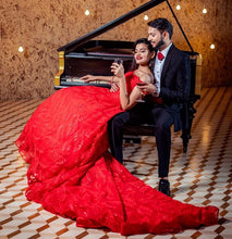 Load image into Gallery viewer, G226,(3) Red Luxury Feather Pattern Off-Shoulder Prewedding Extra Long Trail Gown, Size, (XS-30 to XL-40)