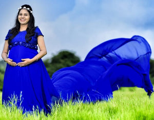 G300, (12) Royal Blue maternity top lace work georgette long trail Gown, Size(All)