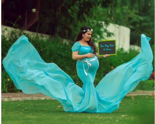 G243, Light Blue Maternity Shoot Baby Shower Trail Lycra Body Fit Gown, Size(All)