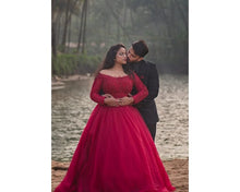 Load image into Gallery viewer, G135 (5), Wine Prewedding Shoot Semi Off Shoulder Ball gown infinity, Size (XS-30 to L-38))