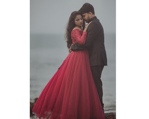 G135 (5), Wine Prewedding Shoot Semi Off Shoulder Ball gown infinity, Size (XS-30 to L-38))