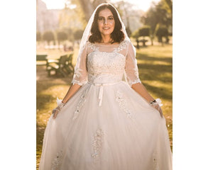 W165, Off- White Sleeves-Lace Ball Gown, Size (XS-30 to L-38)