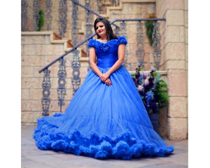 G237 (2),Luxury Royal Blue Puffy Cloud Trail Ball Gown,  Size - (XS-30 to XXL-42)