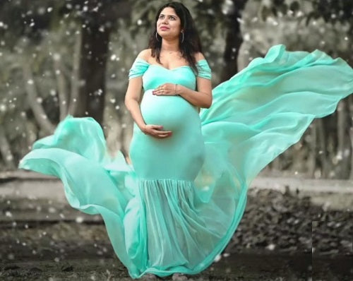 G49 (3), Light Green Maternity Shoot Baby Shower Trail Lycra Body Fit Gown, Size(All)