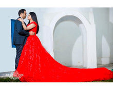 Load image into Gallery viewer, G226 (3) Red Luxury Feather Pattern Off-Shoulder Prewedding Extra Long Trail Gown, Size, (XS-30 to XL-40)