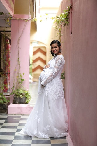 W161,  White Sleeves Maternity Trail Baby Shower Gown, Size (XS-30 to XXL-42)