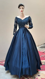 G327, Navy Blue Satin Off Shoulder Trail Ball gown, Size (XS-30 to L-40)