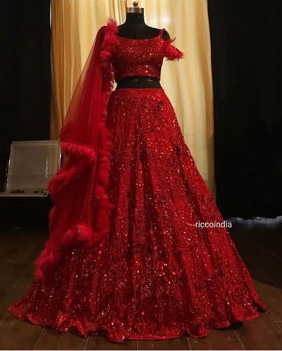 L302,  Red Net Work Frealled Lehenga, Size (XS-30 to XL-42)