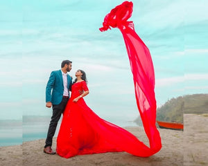 G129 (3), Red Offshoulder Half Sleeves Infinity Prewedding Shoot Trail Ball Gown, Size (XS-30 to L-38)