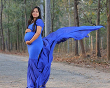 Load image into Gallery viewer, G344, Blue Maternity Shoot Baby Shower Trail Lycra Body Fit Gown, Size (All)
