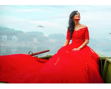 Load image into Gallery viewer, G129 (3), Red Offshoulder half sleeves Infinity Prewedding Shoot Trail Ball Gown, Size (XS-30 to L-38)