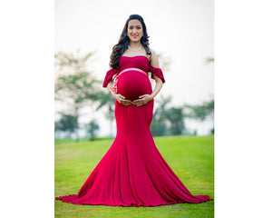 G247 (2), Red Wine Maternity Shoot Baby Shower Trail Lycra Body Fit Gown Size(All)