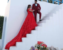 Load image into Gallery viewer, G226,(3) Red Luxury Feather Pattern Off-Shoulder Prewedding Extra Long Trail Gown, Size, (XS-30 to XL-40)