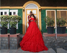 Load image into Gallery viewer, G226 (3) Red Luxury Feather Pattern Off-Shoulder Prewedding Extra Long Trail Gown, Size, (XS-30 to XL-40)