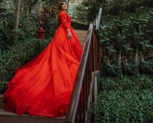 Load image into Gallery viewer, G216 (3) ,Red Full Sleeves Prewedding Long Trail Gown Size, (XS-30 to XL-40)