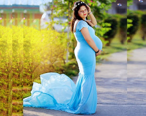 G243, Light Blue Maternity Shoot Baby Shower Trail Lycra Body Fit Gown, Size(All)