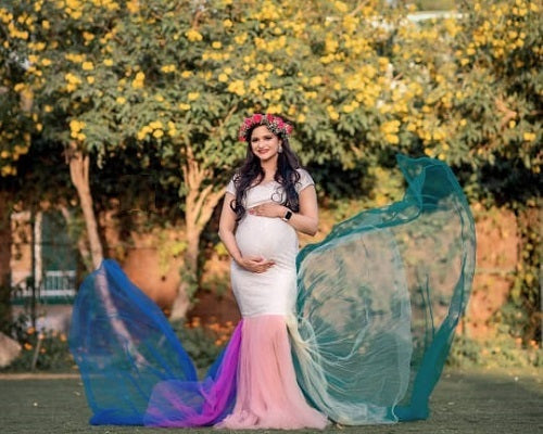 G249,(2) White Top With Botem Layered Malti Colour Maternity Shoot Trail Lycra Body Fit Gown, Size (XS-30 to XXL-44)