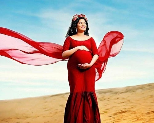 G181 (5) Wine Maternity Shoot Long Sleeves Trail Baby Shower Gown, Size (ALL)