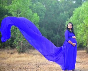 G500, Royal Blue Round Neck Maternity Long Trail Gown, Size(All)