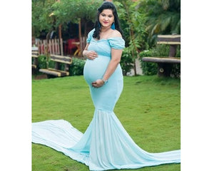 G243, Light Blue Maternity Shoot Baby Shower Trail Lycra Body Fit Gown, Size(All)