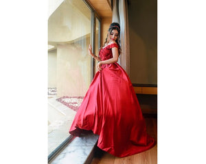 G130 (10+2) Wine Satin Off Shoulder Trail Ball gown, Size (XS-30 to XL-40)