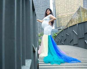 G249,(2) White Top With Botem Layered Malti Colour Maternity Shoot Trail Lycra Body Fit Gown, Size (XS-30 to XXL-44)