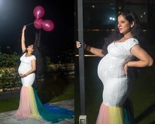 Load image into Gallery viewer, G249,(2) White Top With Botem Layered Malti Colour Maternity Shoot Trail Lycra Body Fit Gown, Size (XS-30 to XXL-44)