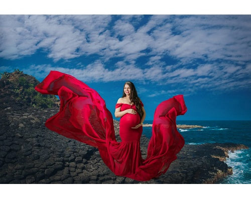 G215 (4), Red Maternity Shoot Trail Baby Shower Lycra Body Fit Gown, Size(All)