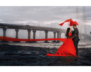 G129 (3), Red Offshoulder half sleeves Infinity Prewedding Shoot Trail Ball Gown, Size (XS-30 to L-38)