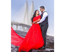 Load image into Gallery viewer, G129 (3), Red Offshoulder half sleeves Infinity Prewedding Shoot Trail Ball Gown, Size (XS-30 to L-38)