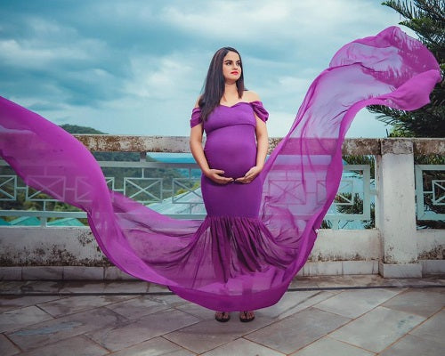 G218,(3) Purple Maternity Shoot Trail Baby Shower Lycra Body Fit Gown, Size(All)