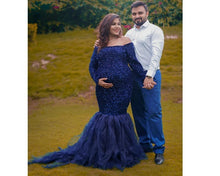 Load image into Gallery viewer, G321 (3) ,Blue Top Sequence with Bottom Lace Cutout maternity Trail Lycra Body Fit Gown, Size (All)