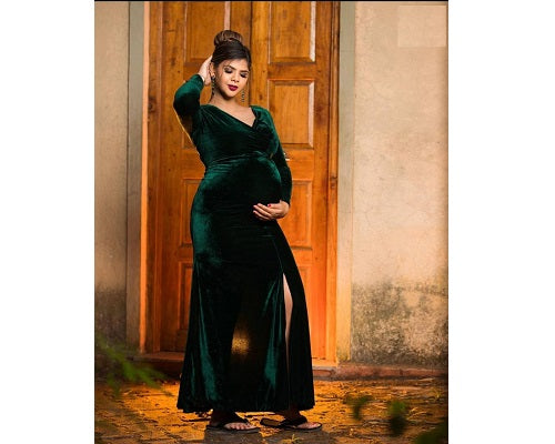 G381, Green Velvet Lycra Slitcut Maternity shoot Gown, Size (All)pp