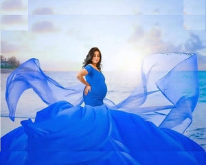 G344, Blue Maternity Shoot Baby Shower Trail Lycra Body Fit Gown, Size (All)