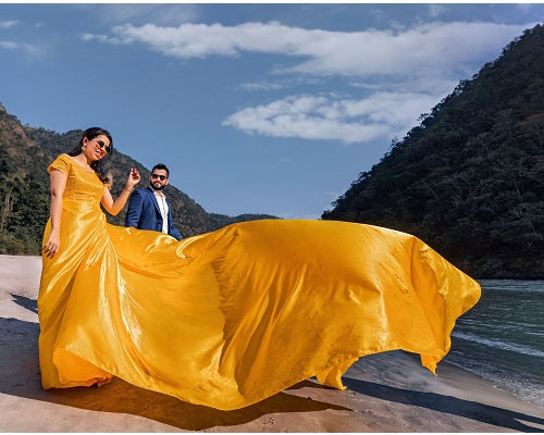 G278, Yellow Satin Long Trail Prewedding Shoot Gown, Size(All)